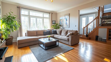 Fototapeta premium Bright, open living room with a spacious sectional sofa, warm oak floors, and simple decor for a minimalist lifestyle