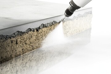 Spraying protective coating onto concrete surface, cross-section view.