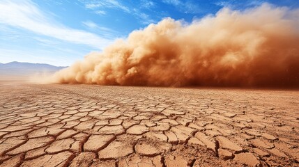 Massive dust storm engulfing cracked desert landscape.