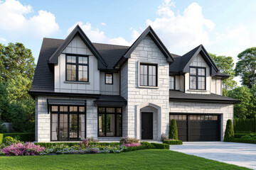 sleek suburban residence features clean architecture, large windows, and stylish facade surrounded by lush greenery and vibrant flowers, creating welcoming atmosphere