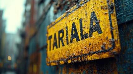 Weathered yellow sign with text "TARI ALA" on rusty metal surface in urban setting.