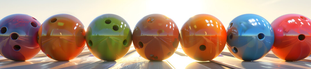 Five colorful bowling balls arranged in a row against a white background 
