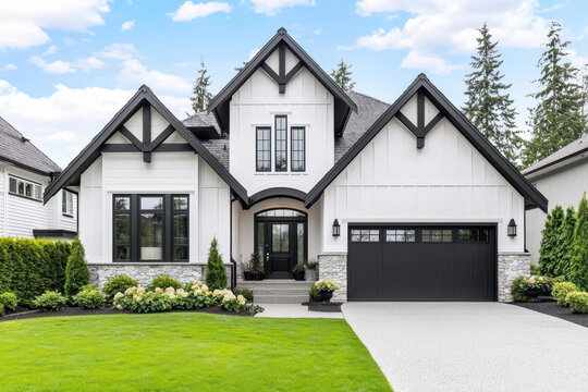 sleek suburban residence features clean architecture, modern facade, and lush landscaping. home showcases blend of stone and wood elements, creating inviting atmosphere