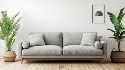 Fototapeta premium Contemporary living room with a plush gray sofa, warm oak floors, and minimalist decor illuminated by natural light