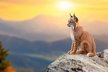 Obraz premium stealthy lynx perched on rock, gazing into sunset over mountains. warm colors of sky create serene atmosphere, highlighting lynx majestic features