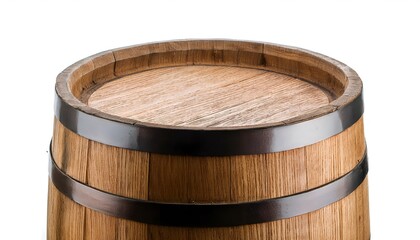 A rustic wooden barrel secured with metal bands, perfect for storage or decoration. Ideal for themes of tradition, craftsmanship, or beverage storage. Isolated on white background