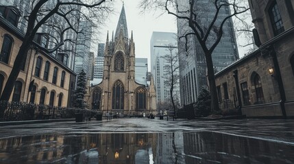 Fototapeta premium A peaceful city footpath with tall, reflective buildings and scattered bare trees under a cold, pale sky.