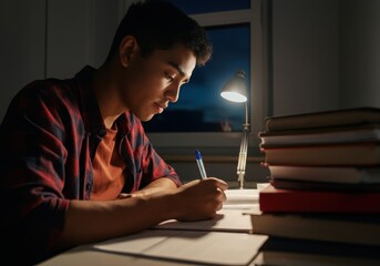 Young man writing on notebook, illuminated by desk lamp, with stack of books nearby, studying late at night
