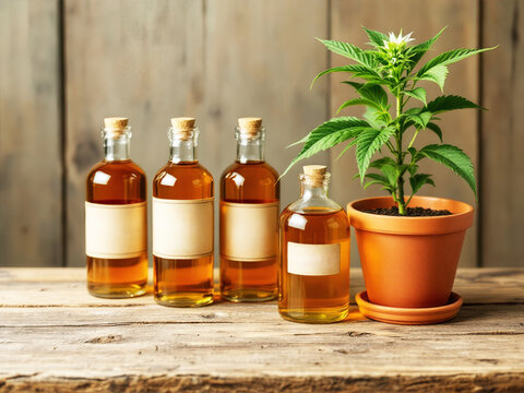 A collection of amber bottles and a potted cannabis plant, set against a rustic wooden background, suggesting natural extracts or herbal remedies.