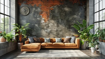 Modern living room with exposed brick wall, large windows, comfy sectional sofa, and lush potted plants.
