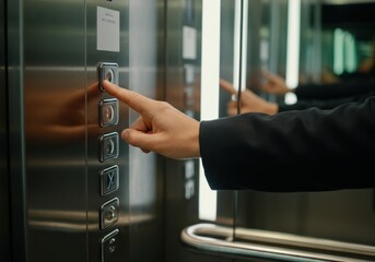 Businessman in suit is pushing button in elevator