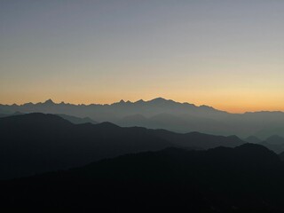 A beautiful view of Garhwal mountain range during the sunset from the outskirts of Chopta, Uttarakhand
