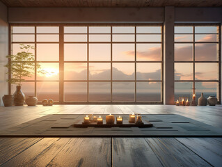 Minimalist Yoga Studio with Panoramic Windows and Candlelit Atmosphere for Mindfulness