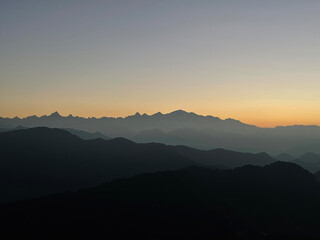 A beautiful view of Garhwal mountain range during the sunset from the outskirts of Chopta, Uttarakhand