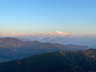 A beautiful view of Garhwal mountain range during the sunset from the outskirts of Chopta, Uttarakhand