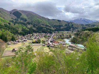 A faraway lookout view of Shirakawa village, best known for being the site of Shirakawa-go, a...