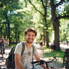 Obraz premium handsome guy with a bike in a park