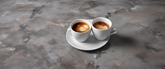 Crumpled cup on gray floor with faint coffee rings , creased, marred, discoloration