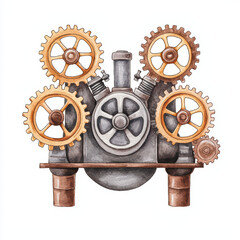 Obraz premium Watercolor of diesel engine with gears and pipes, showcasing intricate mechanical details and vintage aesthetic. Perfect for industrial design enthusiasts