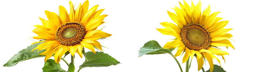 Fototapeta premium Bright Sunflowers in Full Bloom with Green Leaves Against a White Background