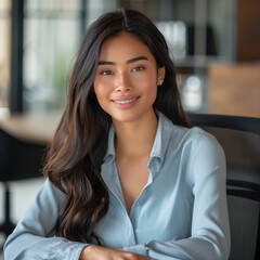 young happy woman sitting in office