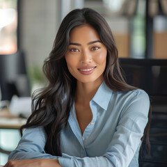 Fototapeta premium young attractive woman sitting in modern office with happy mind