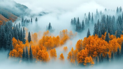 Misty autumn mountain landscape with golden aspen trees and evergreen forests.