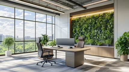 Fototapeta premium Open-concept office space with a minimalist desk, ergonomic chair, artistic wall decor, and green plants by the window