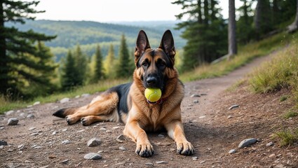Naklejka premium German Shepherd with Tennis Ball on Forest Trail