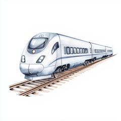 Naklejka premium Sleek high speed train on railway tracks, showcasing modern design and technology. train aerodynamic shape emphasizes speed and efficiency, perfect for transportation themes