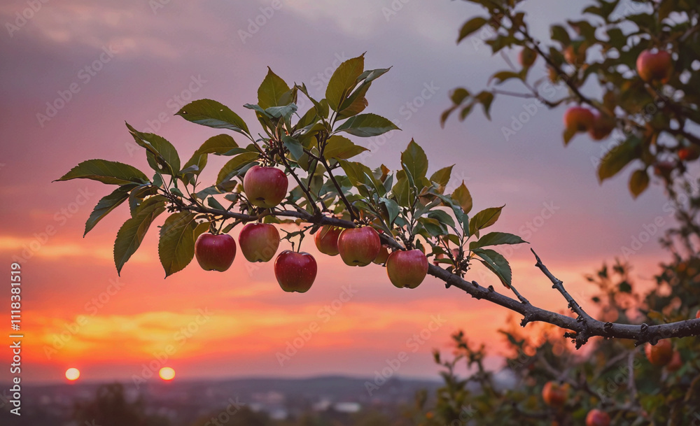 Poster a tree branch with apples hanging from it. the sky is orange and the sun is setting. the apples are 
