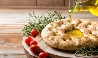 A freshly baked focaccia drizzled with olive oil, surrounded by cherry tomatoes and rosemary on a wooden board.