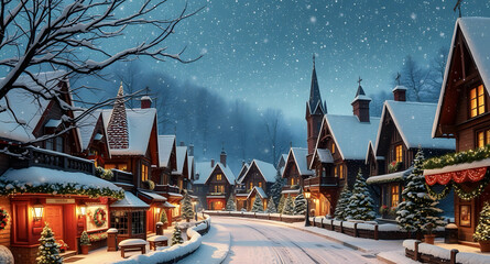 Snow-covered village scene with festive lights and gentle snowfall, perfect for holiday cards.