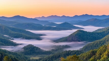 Obraz premium Serene Mountain Landscape with Fog at Sunrise in Appalachian Region