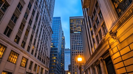 A quiet urban alley framed by tall buildings on New Years night, with a single streetlamp casting a warm glow.