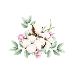 Hand drawn soft elegant cotton, eucalyptus and pink snowberries bouquet. Watercolor botanical illustration isolated on white background. Drawing for floral greeting cards, invitation, wedding designs.