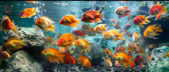 Tropical fish schooling in a colorful aquarium
