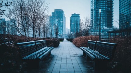 A quiet walkway bordered by sleek city buildings and sparse greenery, with frost visible on a cloudy day.