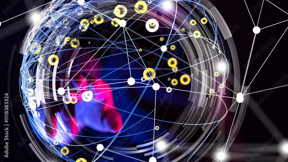 Poster Global network. Blockchain. 3D illustration. Neural networks and artificial intelligence. Abstract
