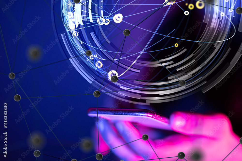 Poster Global network. Blockchain. 3D illustration. Neural networks and artificial intelligence. Abstract