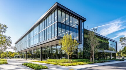 Modern Glass Office Building with Green Wall Exterior