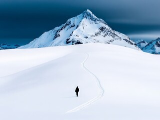 A person walking across a snow covered mountain