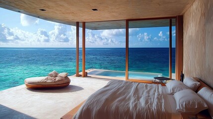 Fototapeta premium Serene Minimalist Bedroom with Ocean View and Natural Light