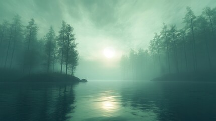 Misty sunrise over a tranquil lake in a pine forest.