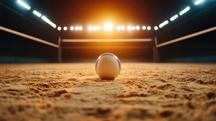 volleyball rests on sandy court under bright arena lights, creating energetic atmosphere for game. scene captures excitement of beach volleyball