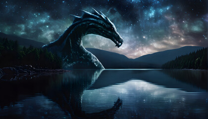 A starry sky reflected on Loch Ness, with the Monster’s shape breaking the surface like a colossal nightmare rising