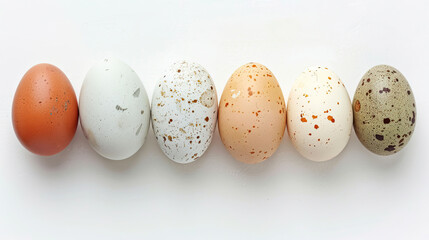 Fototapeta premium Eggs scattered on a flat lay background, fresh organic food photography.