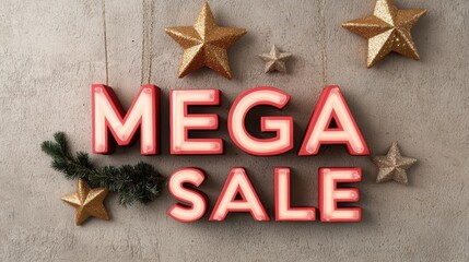 Vibrant 'MEGA SALE' sign decorated with stars, perfect for festive marketing and holiday promotions.