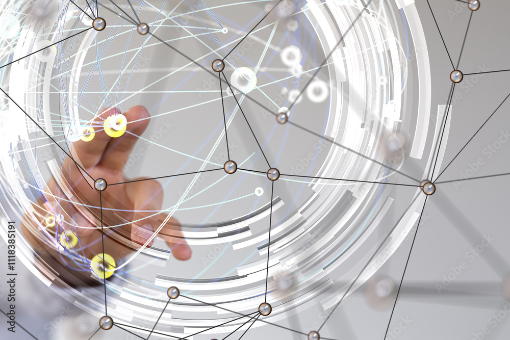 Poster Global network. Blockchain. 3D illustration. Neural networks and artificial intelligence. Abstract