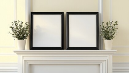 Large,black,frames,placed,sleek,white,mantel,neutral,cream-colored,wall,creating,minimalist,look.